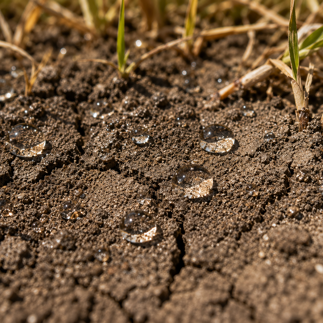 Wassertropfen perlen auf ausgetrocknetem, rissigem Boden ab, statt einzuziehen: typisches Zeichen für hydrophoben Boden